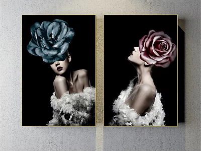Portrait Paintings of Two Women With Blue and Pink Roses White Feathered Clothing Black Background 3d model