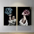 Portrait Paintings of Two Women With Blue and Pink Roses White Feathered Clothing Black Background