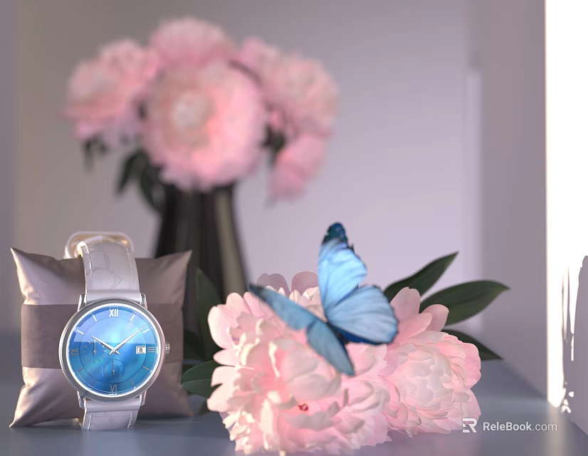 Stylish Silver Watch With Pink Peonies And Blue Butterfly Decorative Arrangement 3d model 