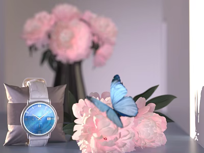 Stylish Silver Watch With Pink Peonies And Blue Butterfly Decorative Arrangement 3d model