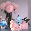 Stylish Silver Watch With Pink Peonies And Blue Butterfly Decorative Arrangement