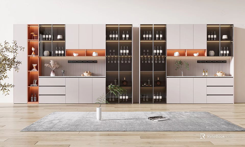 Modern Wine Cabinet with Glass Doors Holding Wine Bottles Decorative Plants and White Cabinets 3d model 