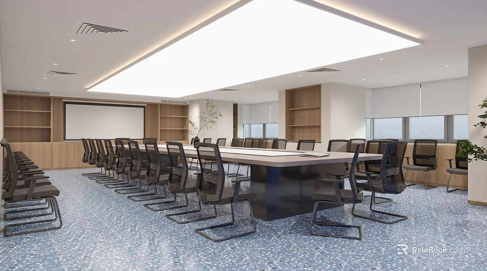 Modern Conference Room With Long Table Black Chairs Whiteboard And Wooden Shelves 3d model 
