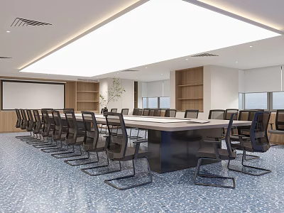 Modern Conference Room With Long Table Black Chairs Whiteboard And Wooden Shelves 3d model