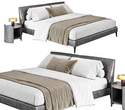 Modern Leather Double Bed Interior With White Sheets Beige Blanket And Nightstand Table Lamp 3d model