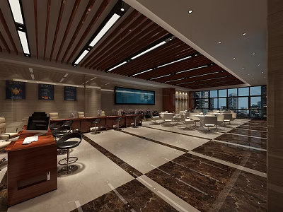 Modern Front Desk Reception Area With Spacious Seating And Large Windows 3d model