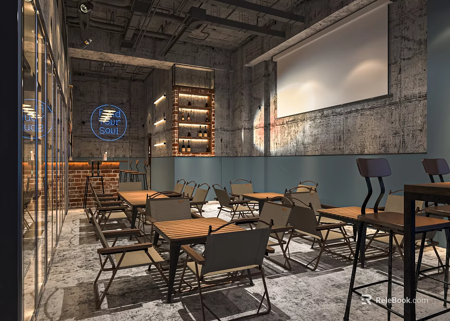 Industrial Bar Interior with Concrete Walls Wooden Tables Metal Chairs Wine Racks and Neon Sign 3d model 