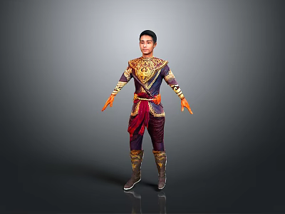 Game Movie Character In Ornate Purple Gold Costume With Red Sash And Intricate Designs Standing 3d model