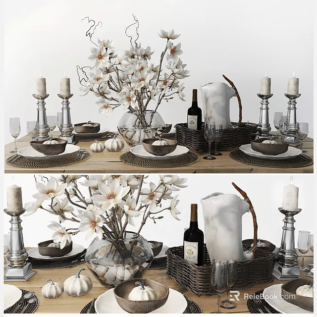 Elegant Tableware Set With Candles Vase White Flowers Wine Bottle And Plates 3d model 