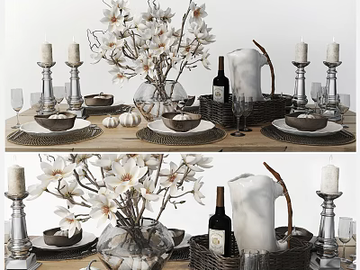 Elegant Tableware Set With Candles Vase White Flowers Wine Bottle And Plates 3d model