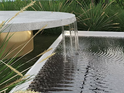 Garden Landscape Design Featuring Circular Stone Countertop Flowing Water Pool And Lush Greenery 3d model