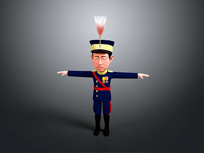 Navy Blue Military Character with Golden Badges Red Sash Feathered Hat and Outstretched Arms 3d model
