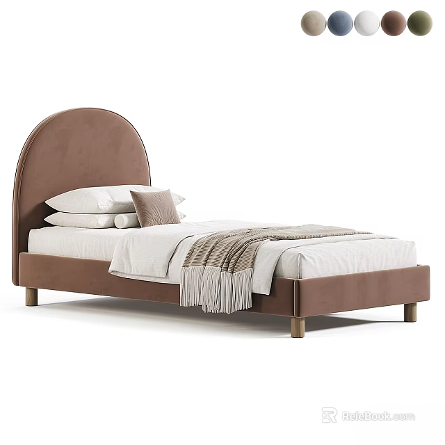 Upholstered Kids Bed With Arched Headboard Wooden Legs Soft Pillows And Cozy Blanket 3d model 