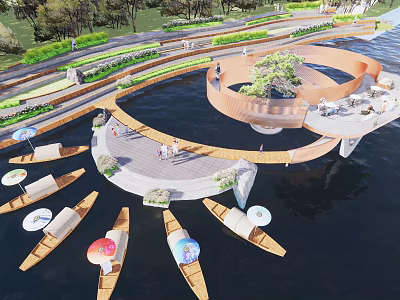 Scenic Waterfront Landscape With Circular Viewing Platform Boats On Water And Surrounding Trees 3d model