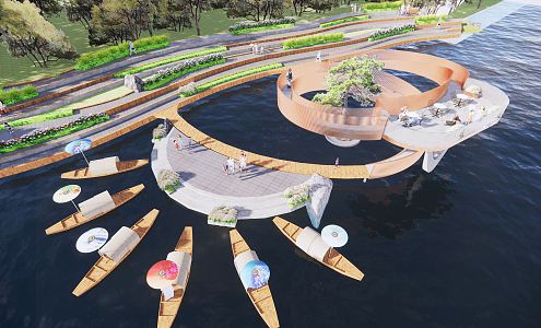 Modern Wharf Urban Coastline Landscape Swirling Stairs Plank Road Sightseeing Platform Watchtower Water Trail Step Landscape Waterside Elevator Step Water Boating 3d model