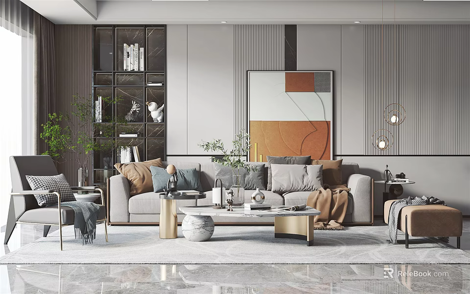 Elegant Modern Living Room Interior With Sofa Coffee Table Decorative Artwork Green Plant And Bookshelf 3d model 