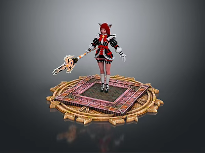 Fantasy Female Character With Red Hair And Creature Holding Staff On Gear Platform 3d model