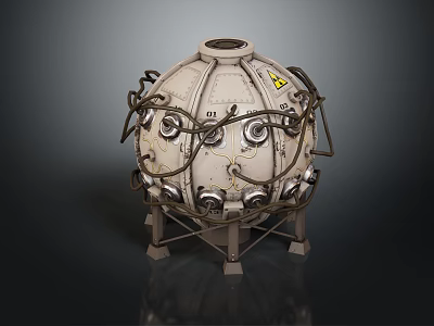 Spherical Industrial Equipment With Metal Pipes Valves And Warning Signs On Support Stand 3d model