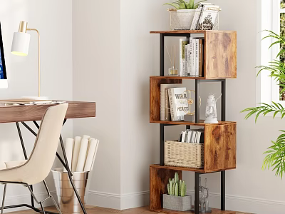 Multi Tiered Wooden Bookshelf With Metal Frame Decorative Items Books And Plants 3d model