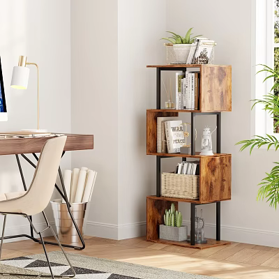 Multi Tiered Wooden Bookshelf With Metal Frame Decorative Items Books And Plants 3d model