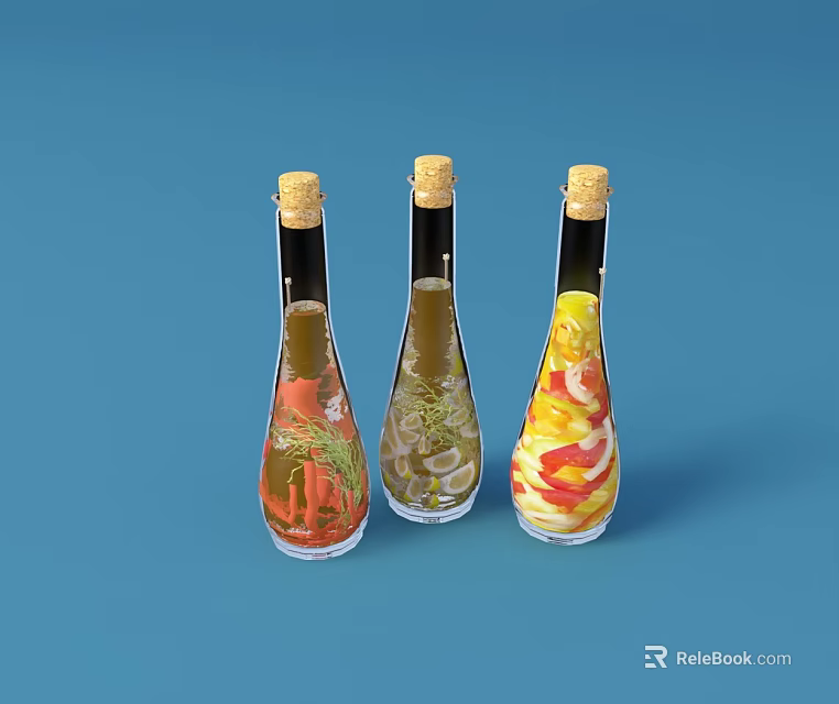 Ceramic Bottles With Cork Stoppers And Colorful Patterns Holding Liquid And Ingredients On Blue Background 3d model 