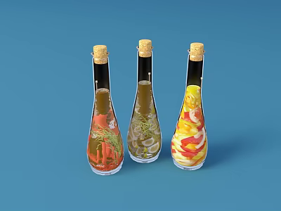 Ceramic Bottles With Cork Stoppers And Colorful Patterns Holding Liquid And Ingredients On Blue Background 3d model