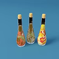 Ceramic Bottles With Cork Stoppers And Colorful Patterns Holding Liquid And Ingredients On Blue Background