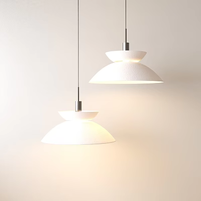 Two Modern White Dome Shaped Pendant Lights With Metal Stem Hanging On Light Colored Wall 3d model