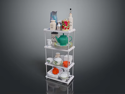 White Multi Tier Kitchen Storage Rack With Teapot Cups And Bottles 3d model