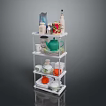 White Multi Tier Kitchen Storage Rack With Teapot Cups And Bottles