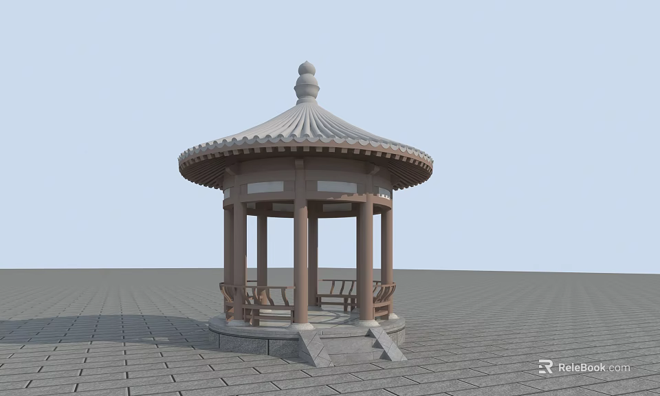 Traditional Chinese Pavilion With Circular Roof Wooden Pillars And Stone Floor 3d model 
