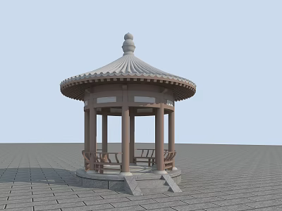 Traditional Chinese Pavilion With Circular Roof Wooden Pillars And Stone Floor 3d model