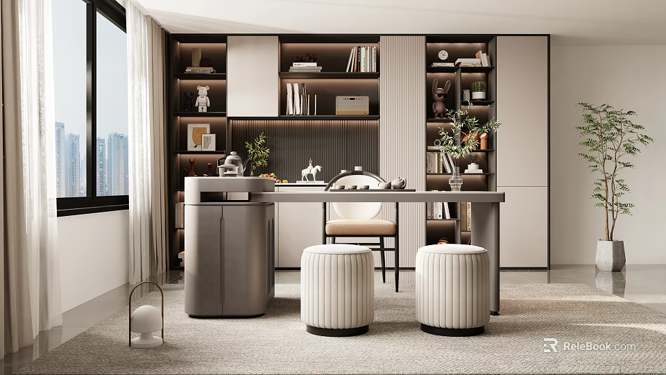 Modern Study Room With Built In Bookshelves Wooden Desk And Decorative Plants 3d model 