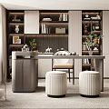 Modern Study Room With Built In Bookshelves Wooden Desk And Decorative Plants
