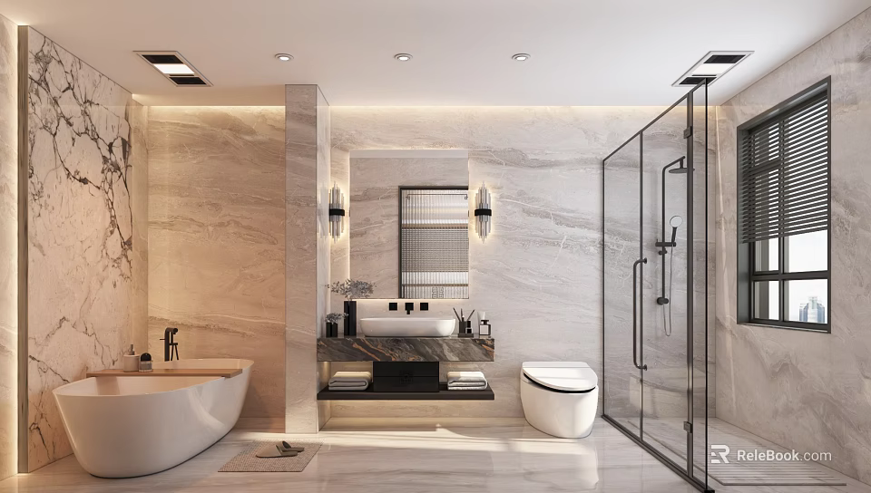 Luxurious Modern Bathroom Interior Design With Marble Walls Freestanding Bathtub Vanity Toilet And Glass Shower Enclosure 3d model 