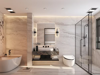 Luxurious Modern Bathroom Interior Design With Marble Walls Freestanding Bathtub Vanity Toilet And Glass Shower Enclosure 3d model