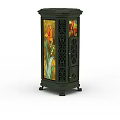 Decorative Green Side Table Featuring Ornate Carvings and Stained Glass Panel