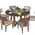 Elegant Round Wooden Dining Table Set With Upholstered Chairs Tableware And Tea Set 3d model