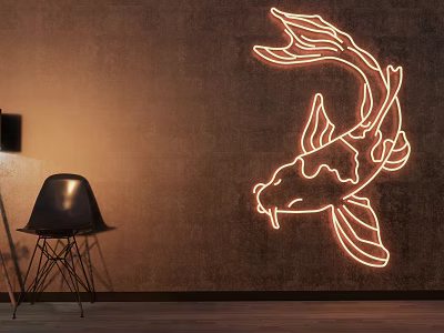 Textured Dark Background Wall With Neon Koi Fish Design And Black Chair 3d model