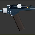 Futuristic Sci Fi Blaster Weapon With Blue Metallic Body And Brown Wooden Grip