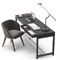 Modern Black Home Office Desk With Laptop Desk Lamp Books Notebook And Gray Chair