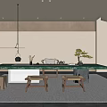 Modern Tea Room Interior Design With Marble Table Tea Sets Wooden Stools And Bonsai Plant