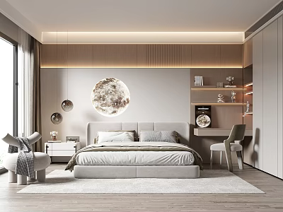 Modern Bedroom Interior With Neutral Bed Wooden Wall Panels Round Moon Decor And Work Desk 3d model