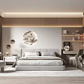 Modern Bedroom Interior With Neutral Bed Wooden Wall Panels Round Moon Decor And Work Desk