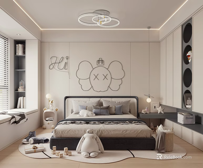 Modern Cozy Kids Bedroom With Floral Wall Art Bed Stuffed Toys And Blocks 3d model 