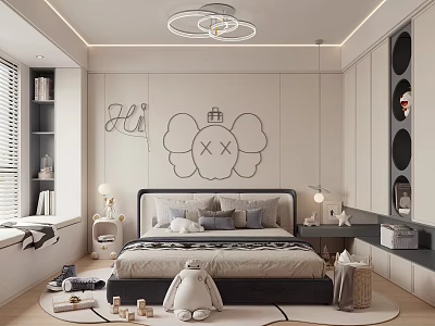 Modern Cozy Kids Bedroom With Floral Wall Art Bed Stuffed Toys And Blocks 3d model
