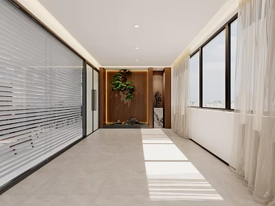 Modern Elevator Hallway Interior With Marble Floor Wooden Panel And Green Plant Natural Light 3d model