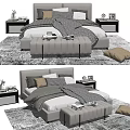 Modern Double Bed Setup With Nightstands Upholstered Bench Area Rug And Decorative Pillows