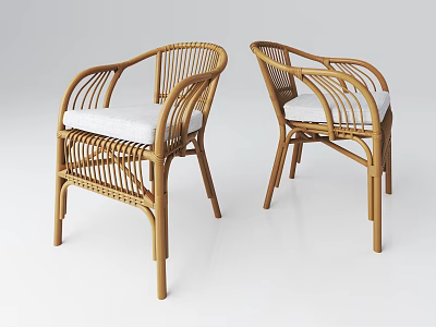 Two Rattan Armchairs with White Cushions and Modern Woven Design Structure 3d model