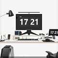 Modern Computer Desk Setup With Monitor Keyboard Mouse Desk Lamp And Digital Clock